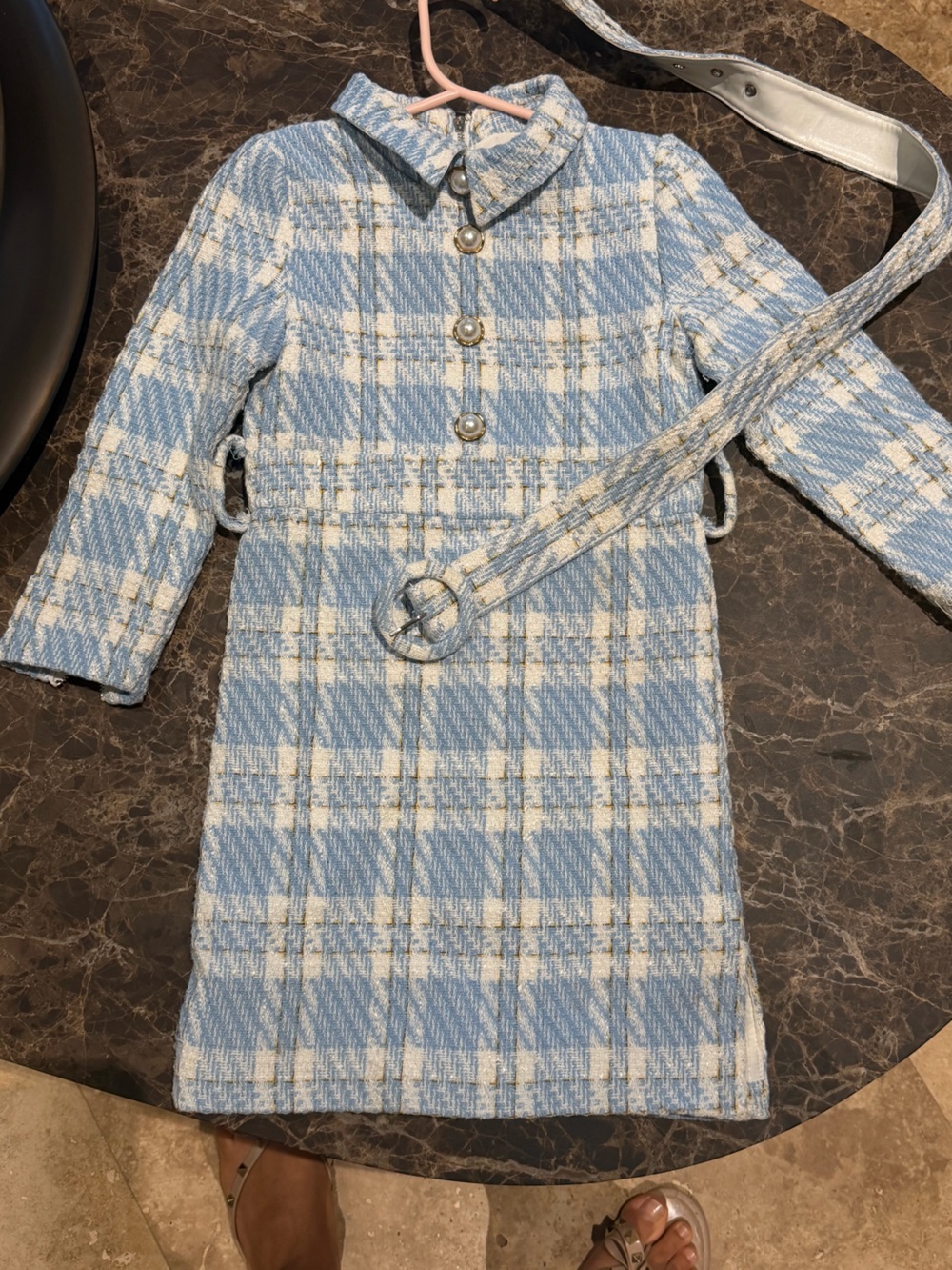 Ivy City Co Light Blue and white Plaid Tweed Dress with Belt